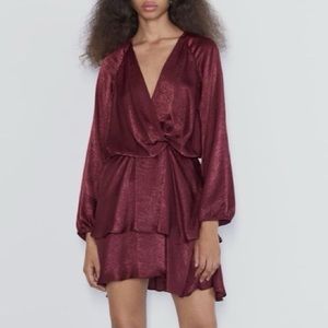 Zara Burgundy Red Satin Effect Tiered Ruffle Mini Twist Dress